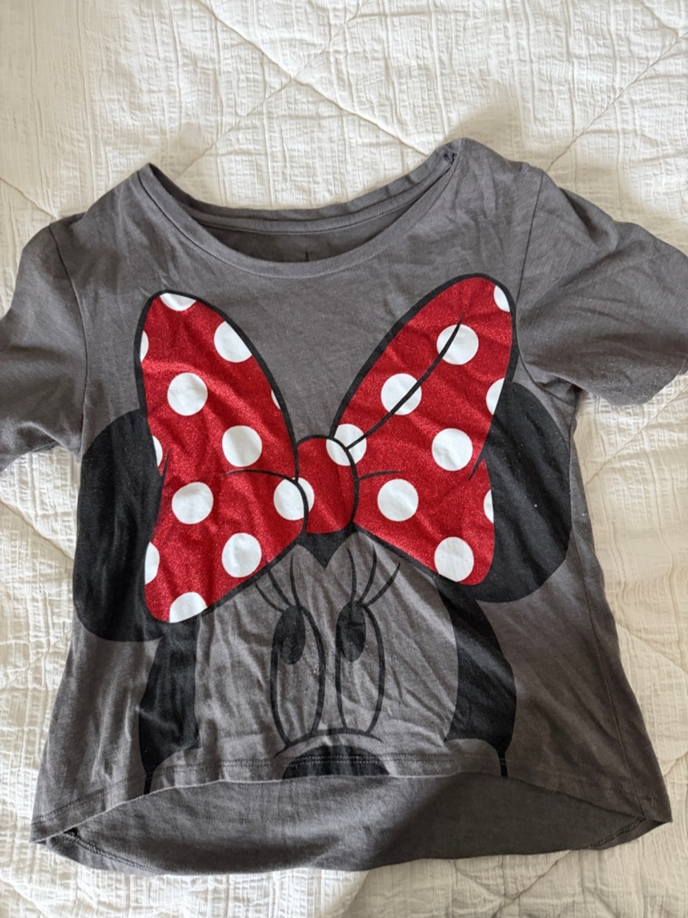Women’s  Gray Minnie Mouse Bow Tee with Red Polka Dot Bow